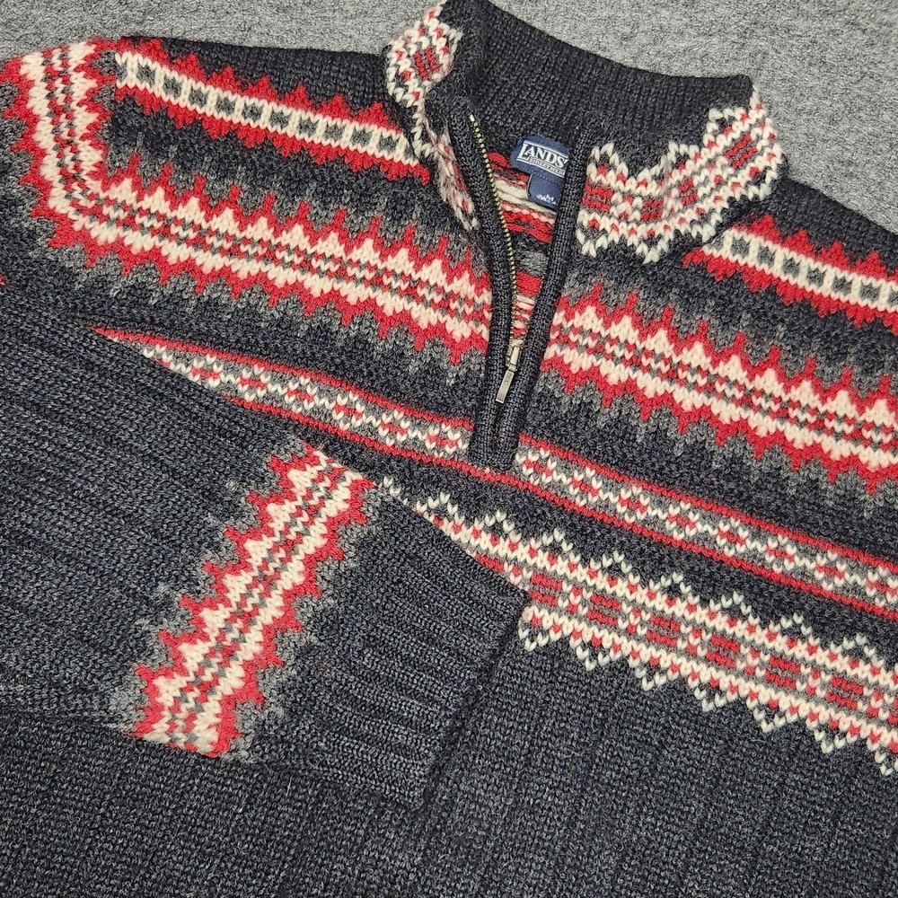 Mens Lands End Wool 1/4 Zip Pullover Sweater Fair Isle Nordic Heavyweight Medium